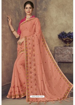 Light Orange Party Wear Designer Chiffon Sari