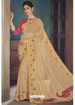 Light Beige Party Wear Designer Chiffon Sari