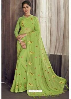 Parrot Green Party Wear Designer Chiffon Sari