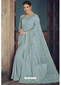 Aqua Grey Party Wear Designer Chiffon Sari