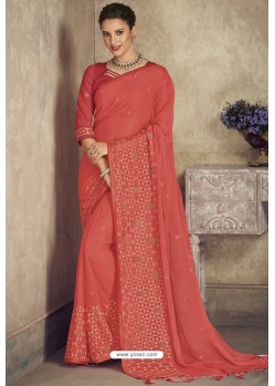 Light Red Party Wear Designer Chiffon Sari