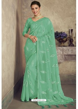 Sea Green Party Wear Designer Chiffon Sari