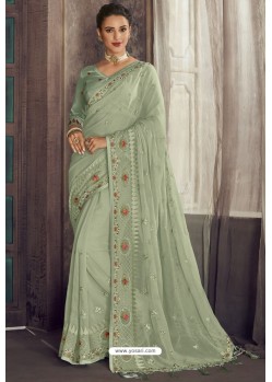 Grayish Green Party Wear Designer Chiffon Sari