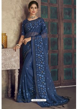 Navy Blue Party Wear Designer Chiffon Sari