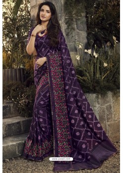 Purple Party Wear Designer Embroidered Kanjivaram Silk Sari