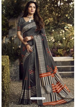 Grey Party Wear Designer Embroidered Kanjivaram Silk Sari