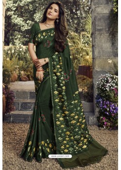 Dark Green Party Wear Designer Embroidered Kanjivaram Silk Sari