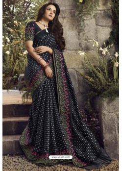 Carbon Party Wear Designer Embroidered Kanjivaram Silk Sari