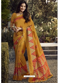 Mustard Party Wear Designer Embroidered Kanjivaram Silk Sari