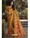 Mustard Party Wear Designer Embroidered Kanjivaram Silk Sari