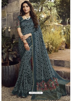 Teal Blue Party Wear Designer Embroidered Kanjivaram Silk Sari