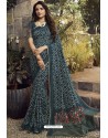 Teal Blue Party Wear Designer Embroidered Kanjivaram Silk Sari