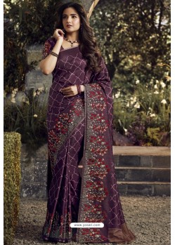 Purple Party Wear Designer Embroidered Kanjivaram Silk Sari