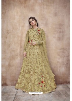 Khaki Latest Heavy Embroidered Net Wedding Anarkali Suit