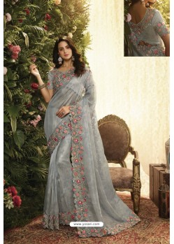 Grey Party Wear Designer Embroidered Sari