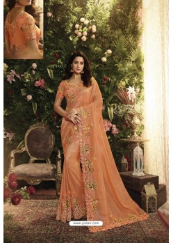 Orange Party Wear Designer Embroidered Sari