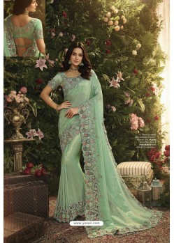 Sea Green Party Wear Designer Embroidered Sari