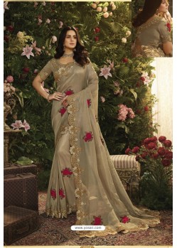 Taupe Party Wear Designer Embroidered Sari