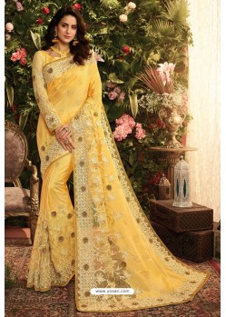 Yellow Party Wear Designer Embroidered Sari