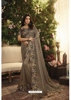 Taupe Party Wear Designer Embroidered Sari