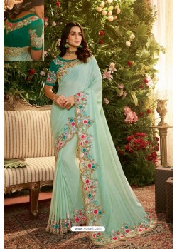 Sky Blue Party Wear Designer Embroidered Sari