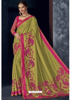 Parrot Green Latest Designer Embroidered Party Wear Silk Sari