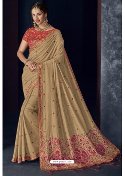 Beige Latest Designer Embroidered Party Wear Silk Sari