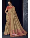 Beige Latest Designer Embroidered Party Wear Silk Sari