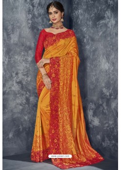 Orange Latest Designer Embroidered Party Wear Silk Sari