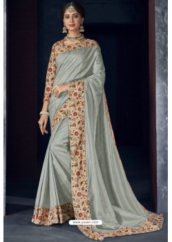 Silver Latest Designer Embroidered Party Wear Silk Sari