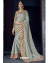 Silver Latest Designer Embroidered Party Wear Silk Sari