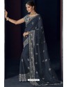 Navy Blue Latest Designer Embroidered Party Wear Silk Sari