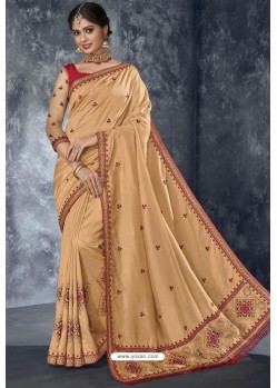 Beige Latest Designer Embroidered Party Wear Silk Sari