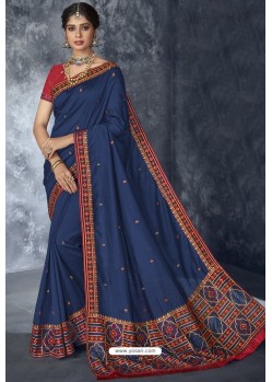 Navy Blue Latest Designer Embroidered Party Wear Silk Sari