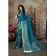 Teal Blue Party Wear Designer Embroidered Banarasi Silk Weaving Sari