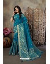 Teal Blue Party Wear Designer Embroidered Banarasi Silk Weaving Sari