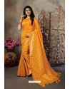 Mustard Party Wear Designer Embroidered Banarasi Silk Weaving Sari
