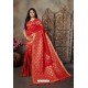 Red Party Wear Designer Embroidered Banarasi Silk Weaving Sari