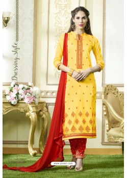 Yellow Designer Embroidered Cotton Straight Salwar Suit