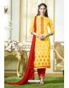 Yellow Designer Embroidered Cotton Straight Salwar Suit
