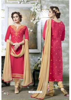 Red Designer Embroidered Cotton Straight Salwar Suit