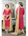 Red Designer Embroidered Cotton Straight Salwar Suit