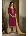 Deep Wine Designer Embroidered Cotton Straight Salwar Suit