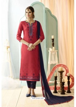 Rose Red Designer Embroidered Cotton Straight Salwar Suit