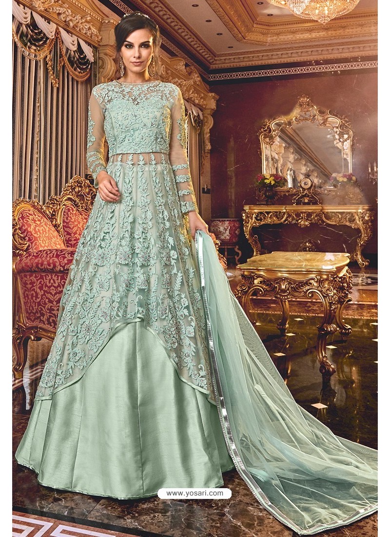 Buy Grayish Green Latest Heavy Embroidered Designer Wedding Anarkali Suit Anarkali Suits 0256