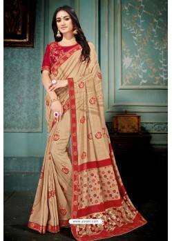 Beige Party Wear Designer Embroidered Vivhitra Silk Sari