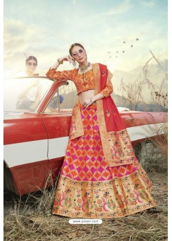 Multi Colour Heavy Embroidered Designer Banarasi Silk Jacquard Party Wear Lehenga