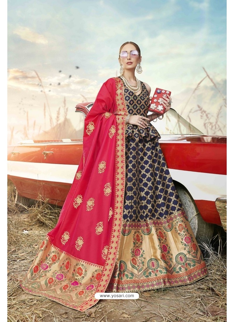 Buy Carbon Heavy Embroidered Designer Banarasi Silk Jacquard Party Wear ...