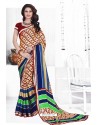 Cream Casual Wear Designer American Chiffon Sari