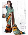 Turquoise Casual Wear Designer American Chiffon Sari